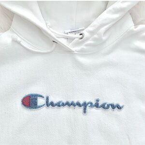 Champion white reverse weave hoodie light color chenille logo large sweatshirt
